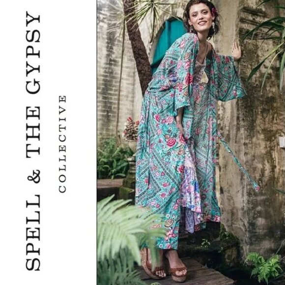 Spell & The Gypsy Babushka Turquoise Maxi Kimono Robe OS b225e - Picture 1 of 13